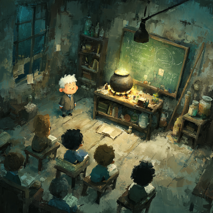 Illustrated dim classroom where a teacher stands beside a bubbling cauldron while a small group of students watches.