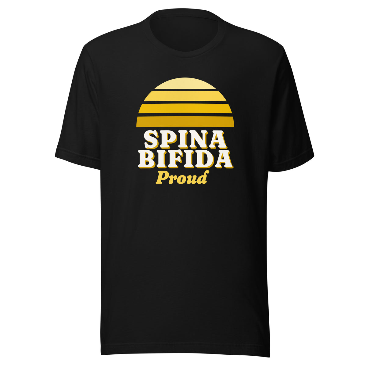 Spina Bifida Proud tee in Black, front view.