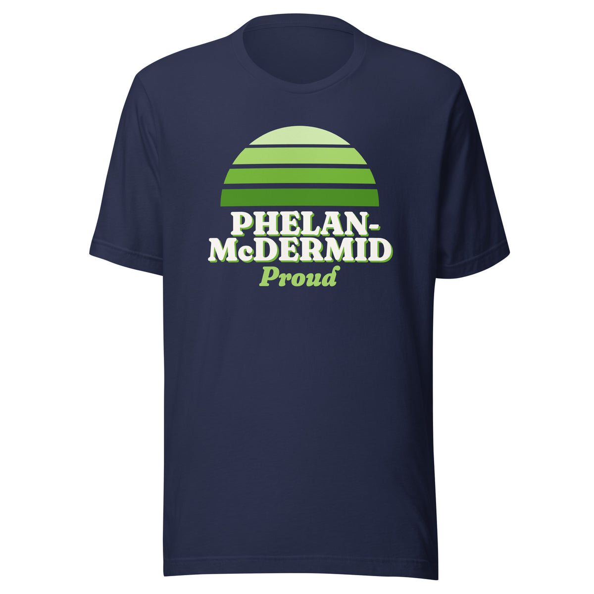 Phelan-McDermid Proud tee in Navy, front view.