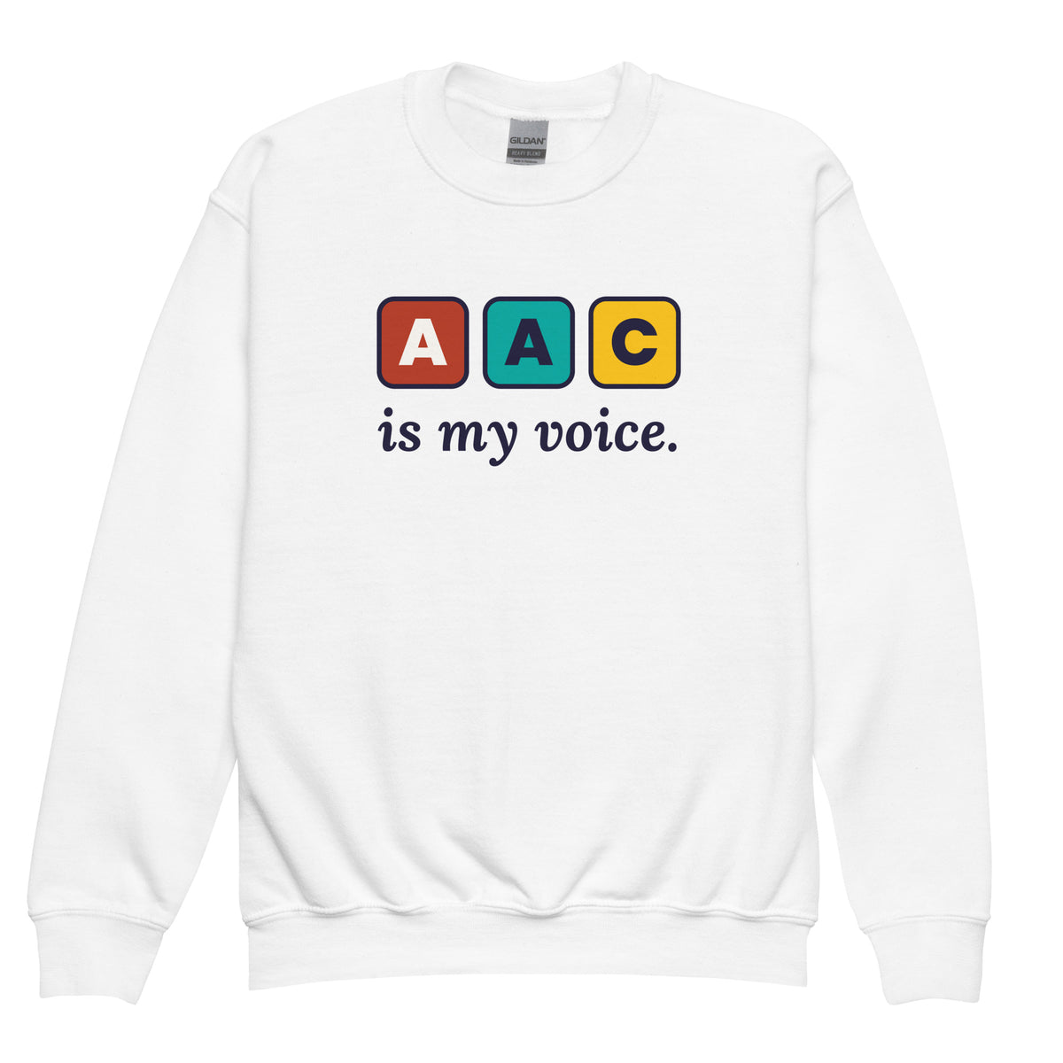 AAC Is My Voice Youth Sweatshirt in White, flat front view