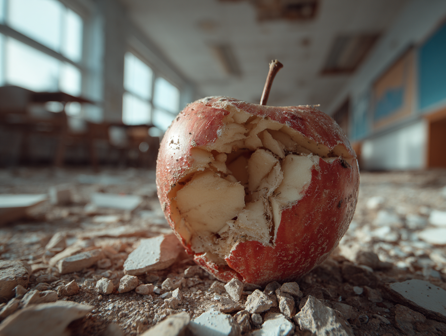 A cracked, broken red apple sitting in rubble on the floor of an empty classroom.