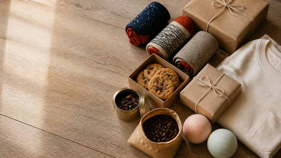 Gifts wrapped in brown paper on a wooden table, with rolled socks, a box of cookies, a tea tin, a bag of coffee beans and bath bombs.
