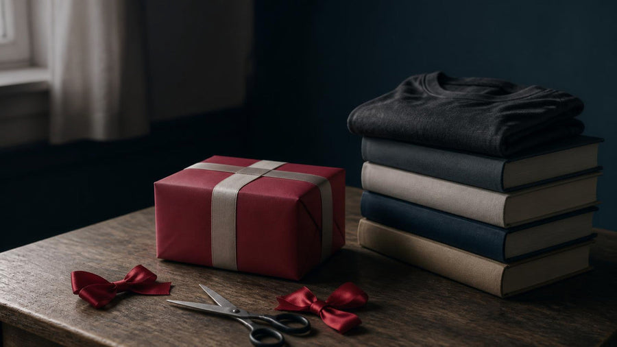 A red wrapped gift box tied with a tan ribbon, two loose red bows and open scissors on a worn wooden table, beside a stack of four hardcover books topped with a folded charcoal tee.