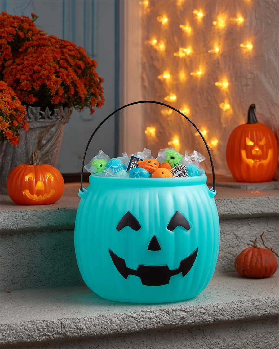A porch step at dusk with a teal pumpkin bucket filled with non-food treats.