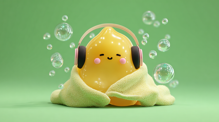 A smiling cartoon yellow blob wearing headphones, wrapped in a soft blanket and surrounded by floating bubbles on a green background.