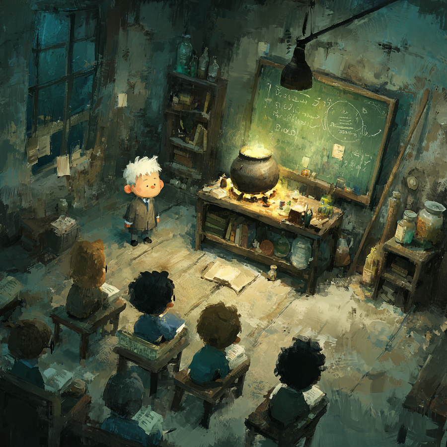Illustrated dim classroom where a teacher stands beside a bubbling cauldron while a small group of students watches.