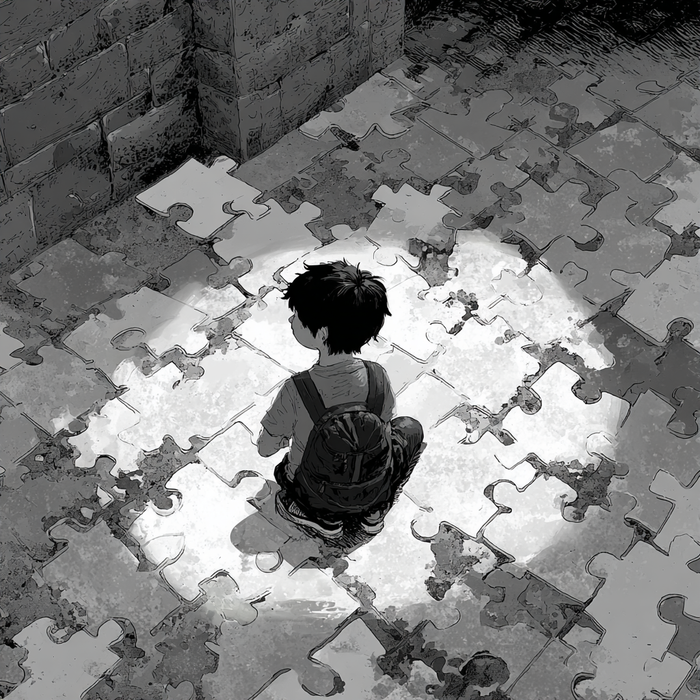 Black-and-white image of a child sitting alone in a spotlight on a floor made of puzzle pieces.