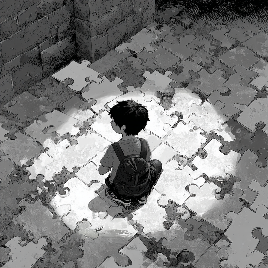 Black-and-white image of a child sitting alone in a spotlight on a floor made of puzzle pieces.