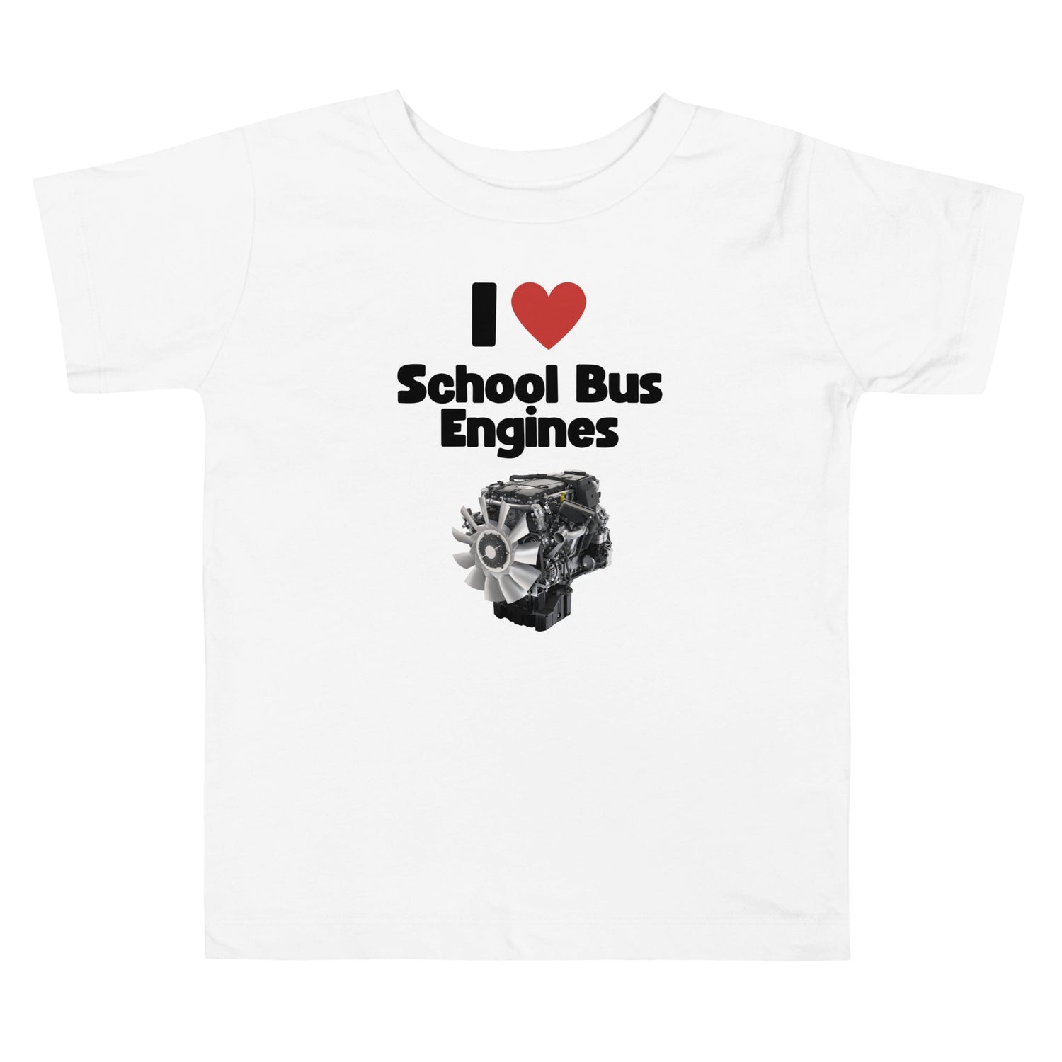 School bus illustration with heart‑shaped engine—“I Love School Bus Engines” T‑shirt collection.
