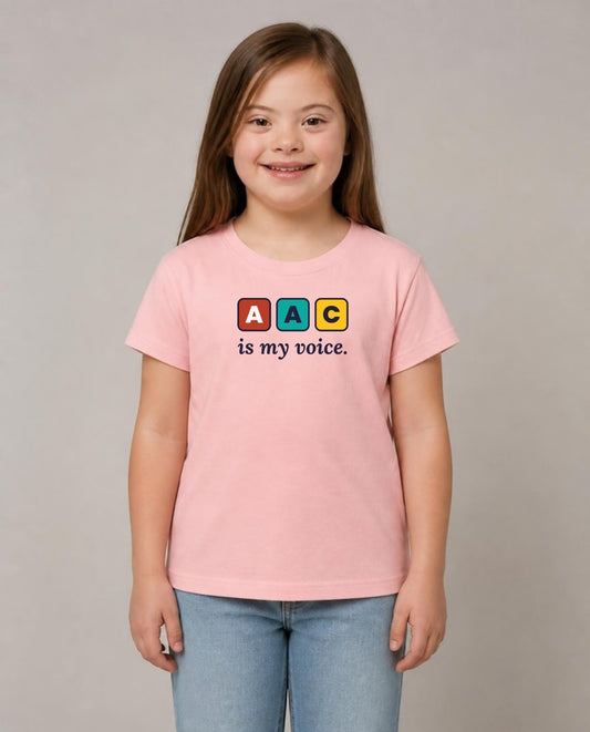 Girl with Down syndrome wearing the AAC Is My Voice Youth Tee in Pink