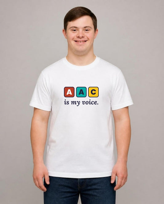 Young man with Down syndrome wearing the AAC Is My Voice Adult Tee in White