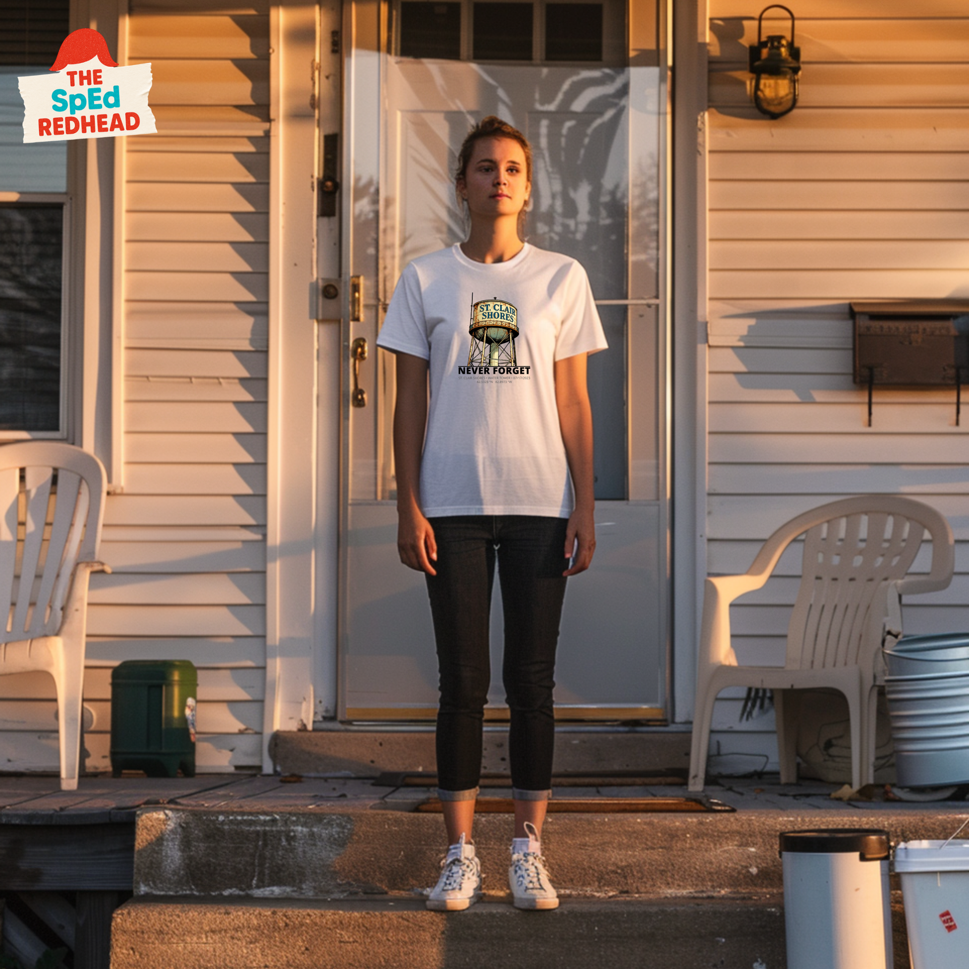 Person wearing a white t-shirt with a graphic design standing on a porch.