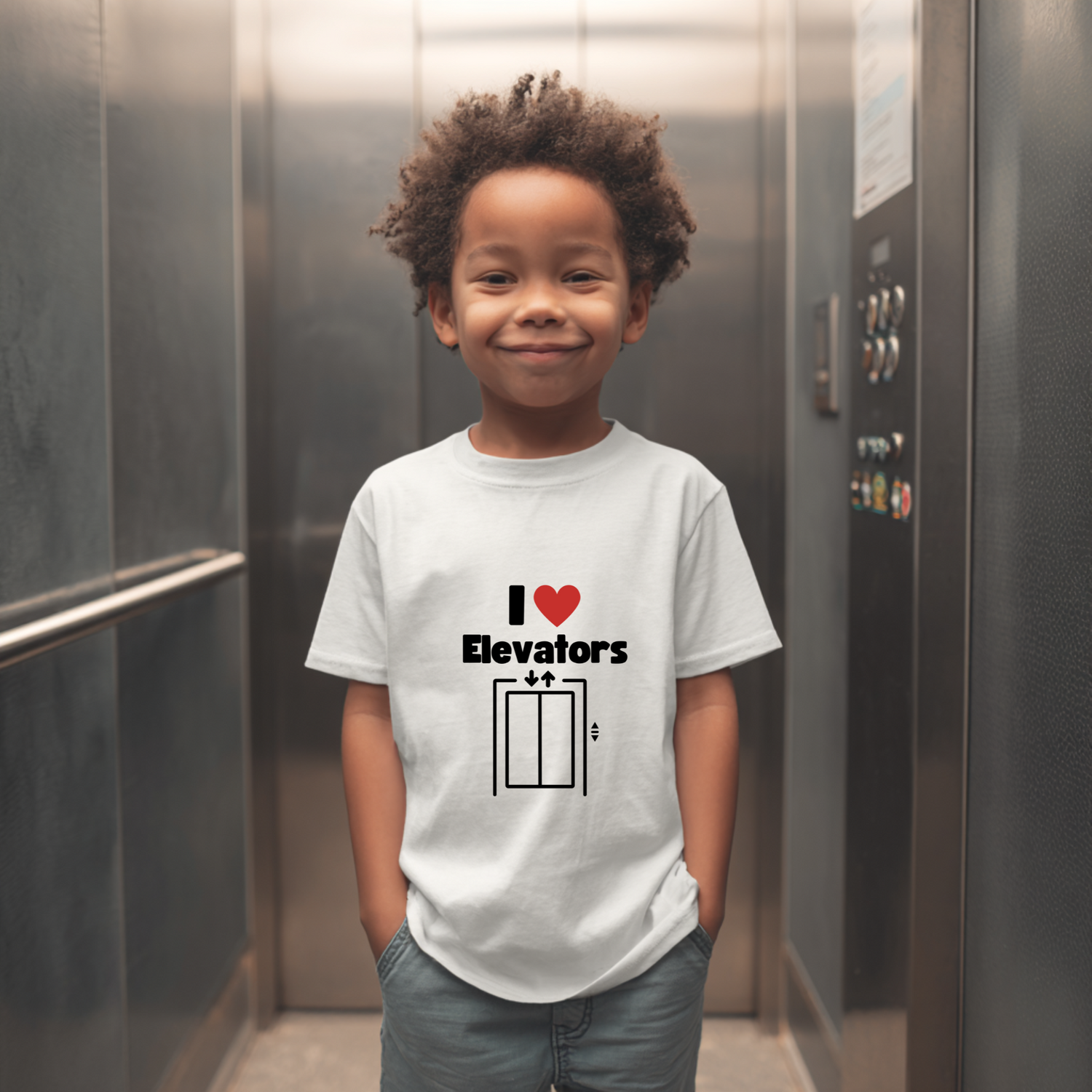 Child wearing a t-shirt with 'I ❤️ Elevators' design in an elevator.