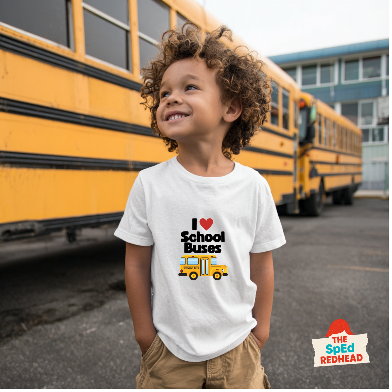 Child wearing a 'I ❤️ School Buses' t-shirt in front of a yellow school bus.