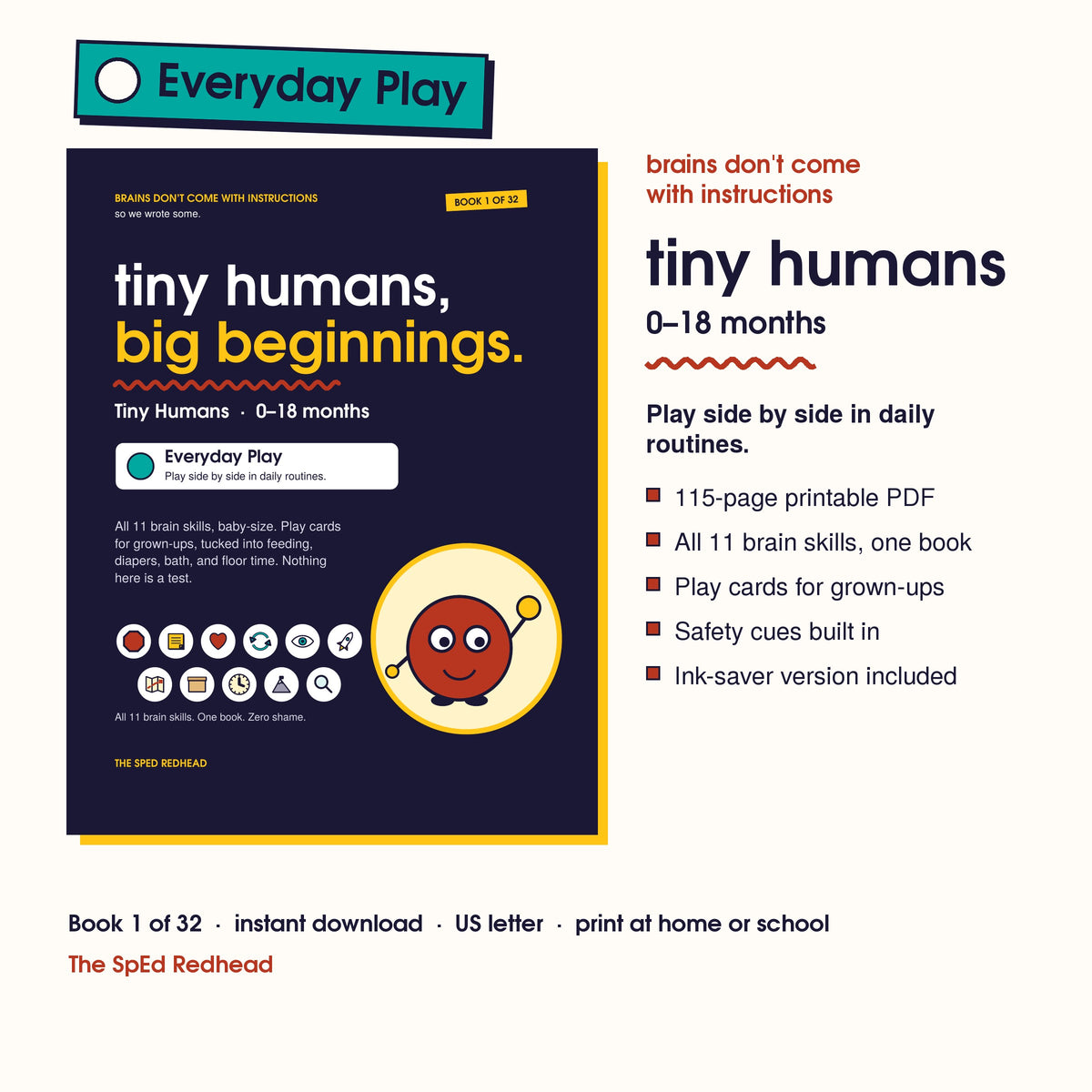 Book 1 of 32 cover, Tiny Humans, 0–18 months, with a teal Everyday Play edition sticker and what's in the 115-page PDF