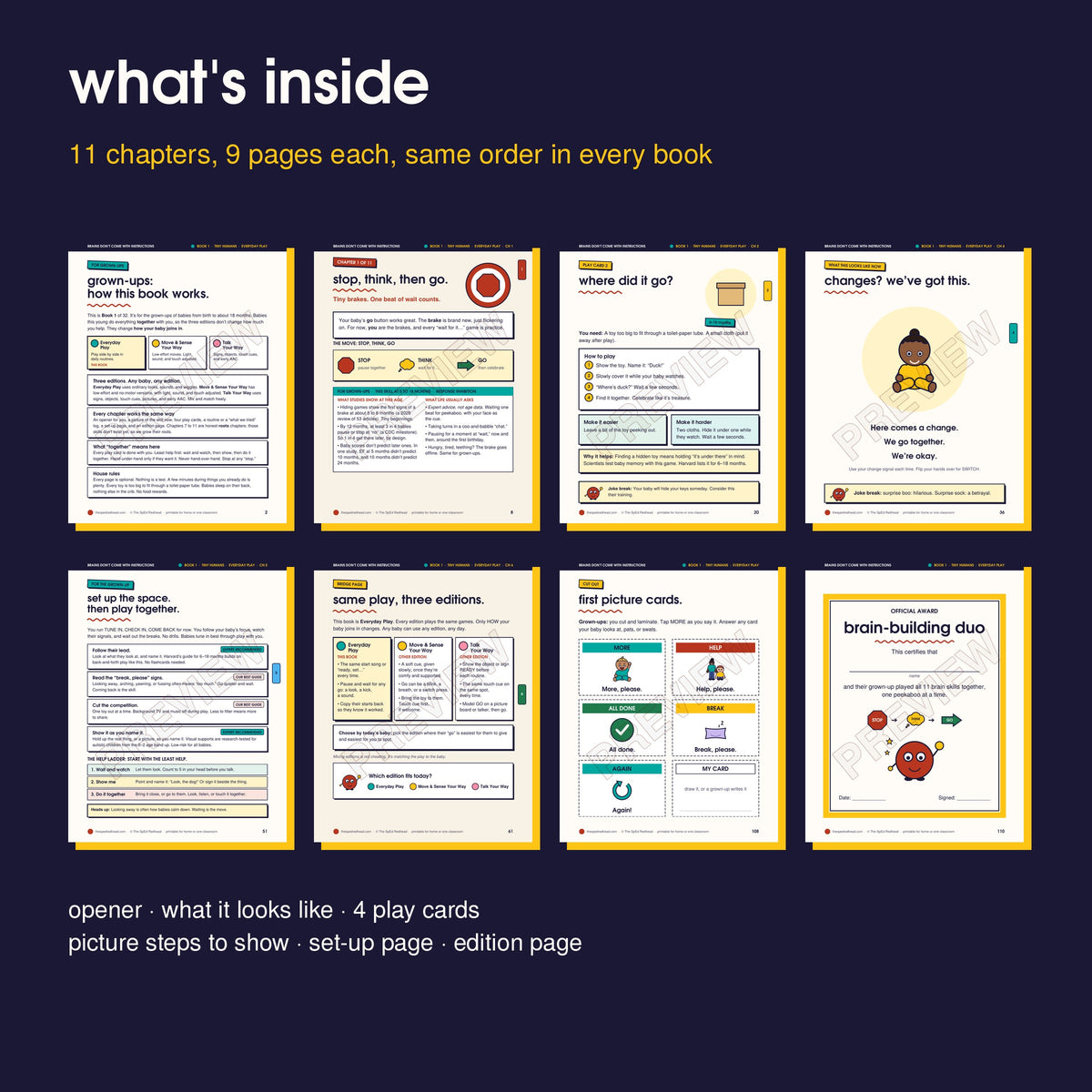 Inside pages in order: how it works, opener, play card, picture page, set-up page, edition page, picture cards, award