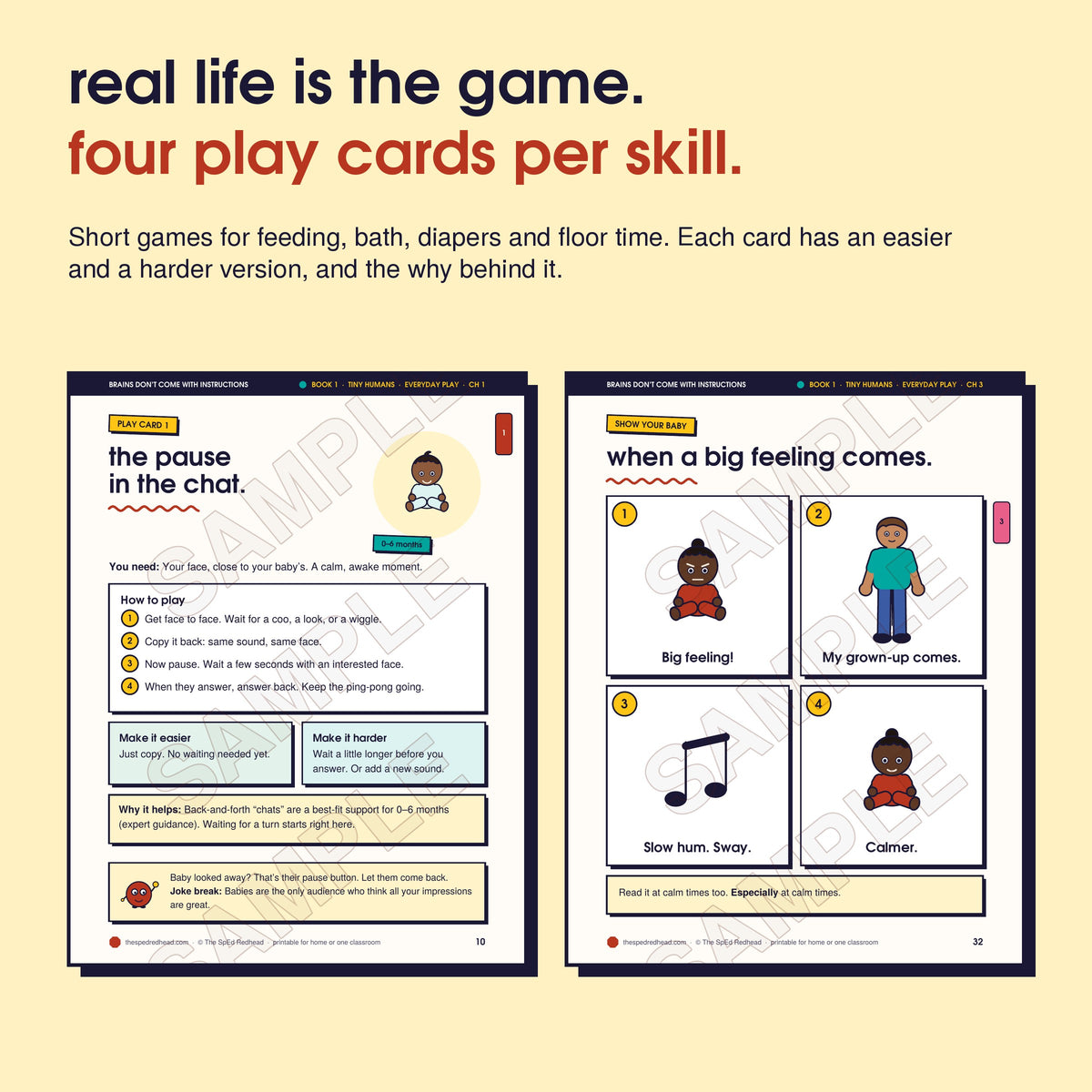 Two sample pages: Play Card 1 with easier and harder versions, and a 4-picture sequence to show your baby