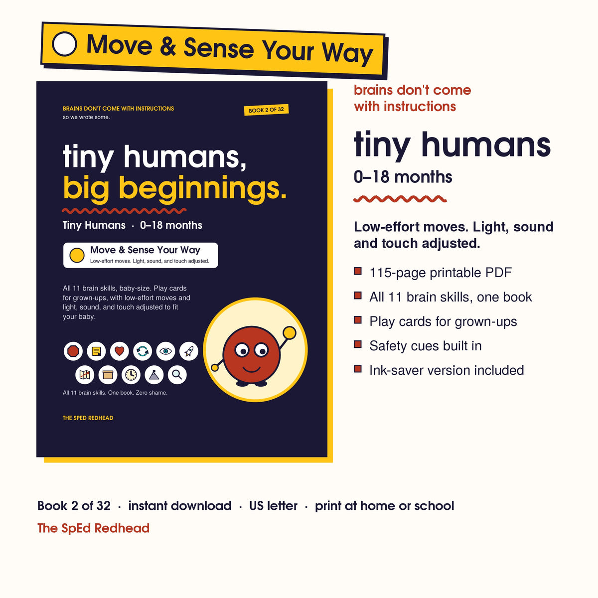 Book 2 of 32 cover, Tiny Humans, 0–18 months, with a yellow Move & Sense Your Way edition sticker and what's included
