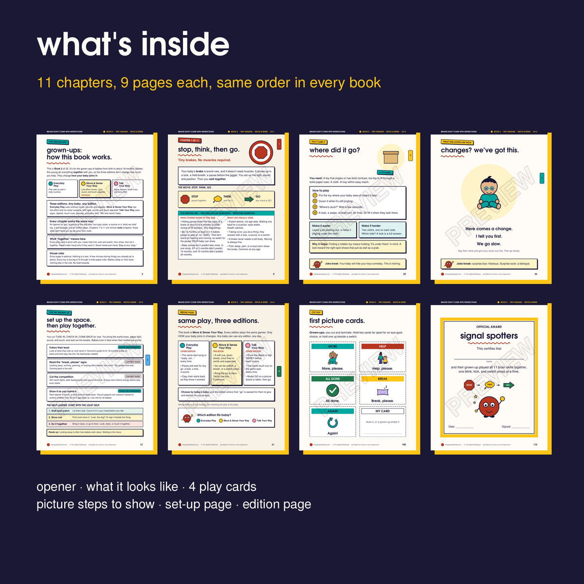 Inside pages in order: how it works, opener, play card, picture page, set-up page, edition page, picture cards, award