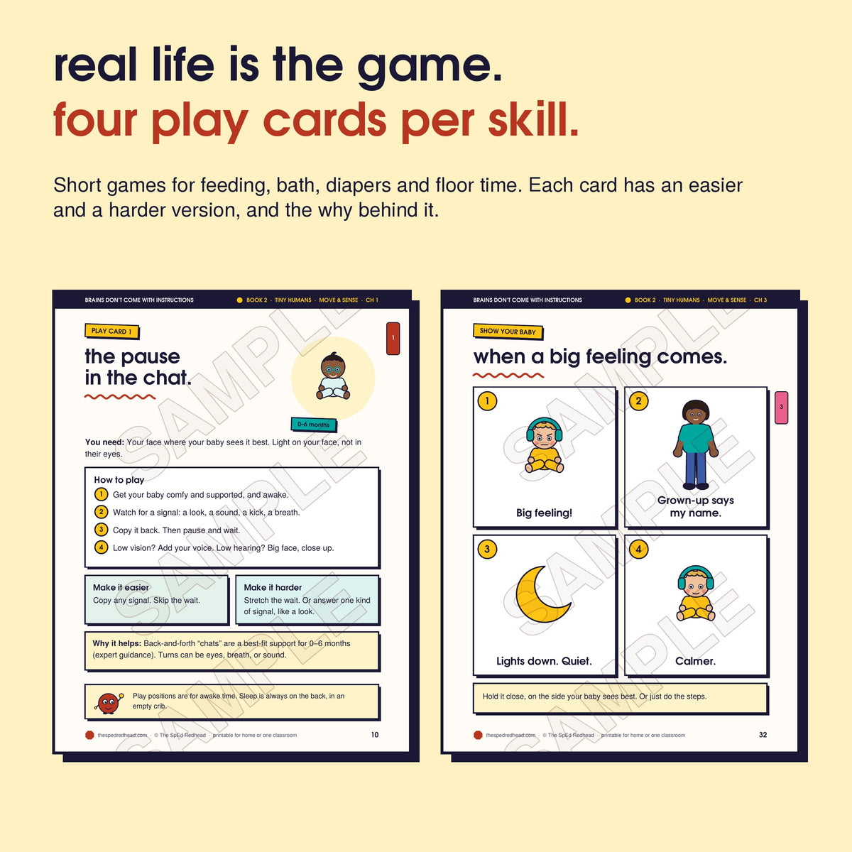 Two sample pages: Play Card 1 with easier and harder versions, and a 4-picture sequence to show your baby