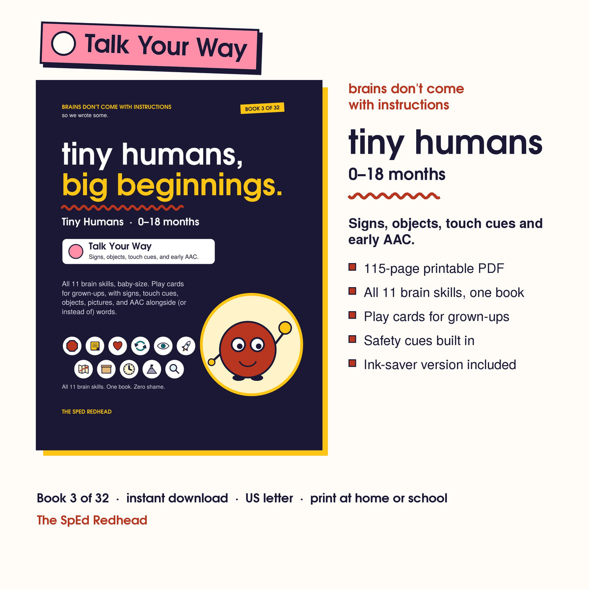 Book 3 of 32 cover, Tiny Humans, 0–18 months, with a pink Talk Your Way edition sticker and what's in the 115-page PDF