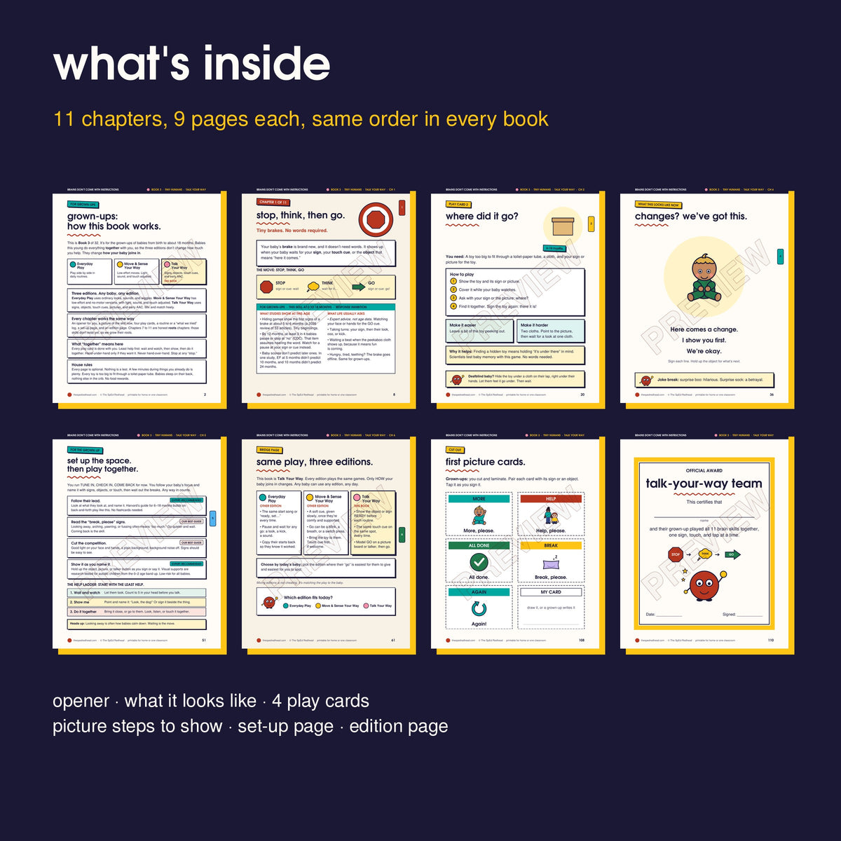 Inside pages in order: how it works, opener, play card, picture page, set-up page, edition page, picture cards, award