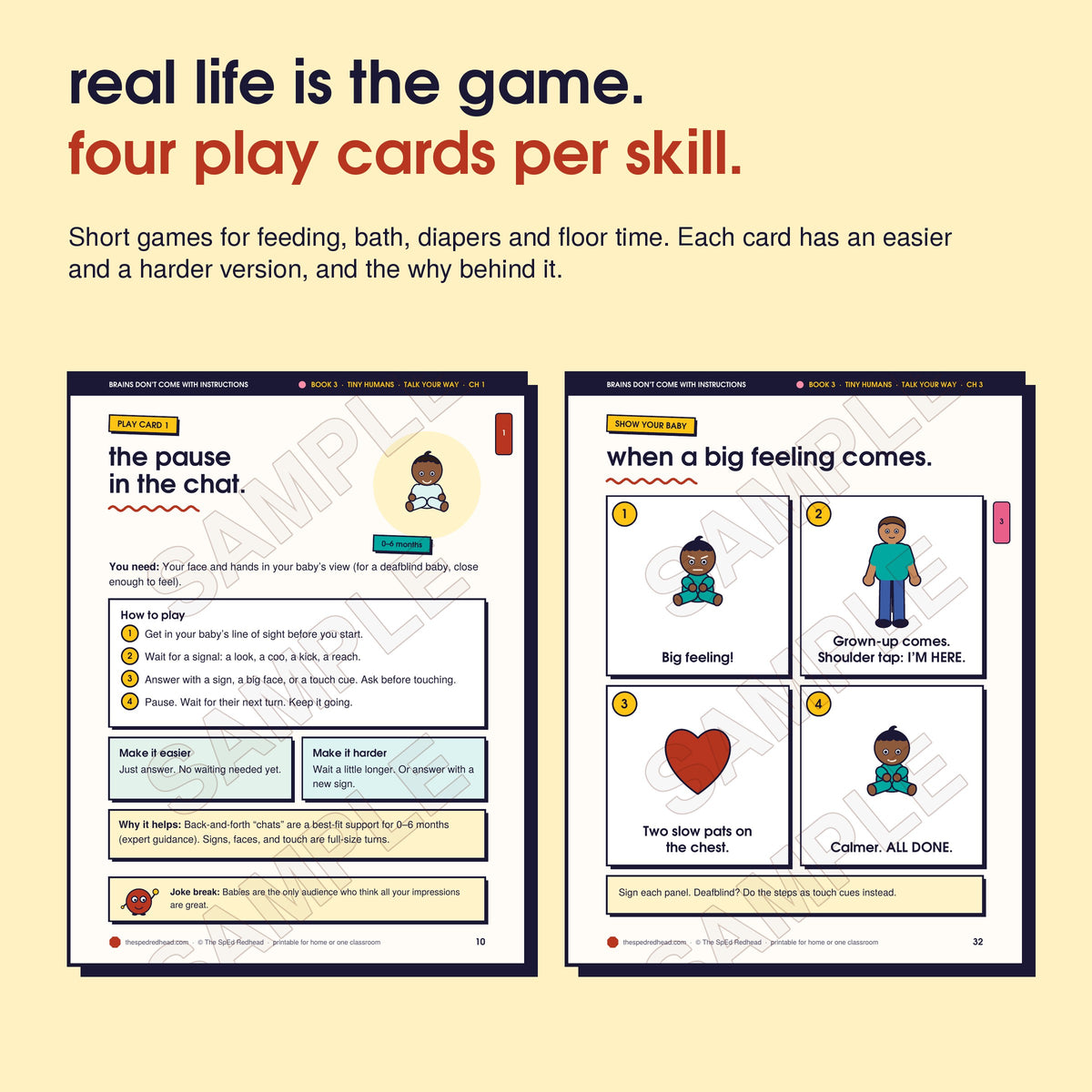 Two sample pages: Play Card 1 with easier and harder versions, and a 4-picture sequence to show your baby