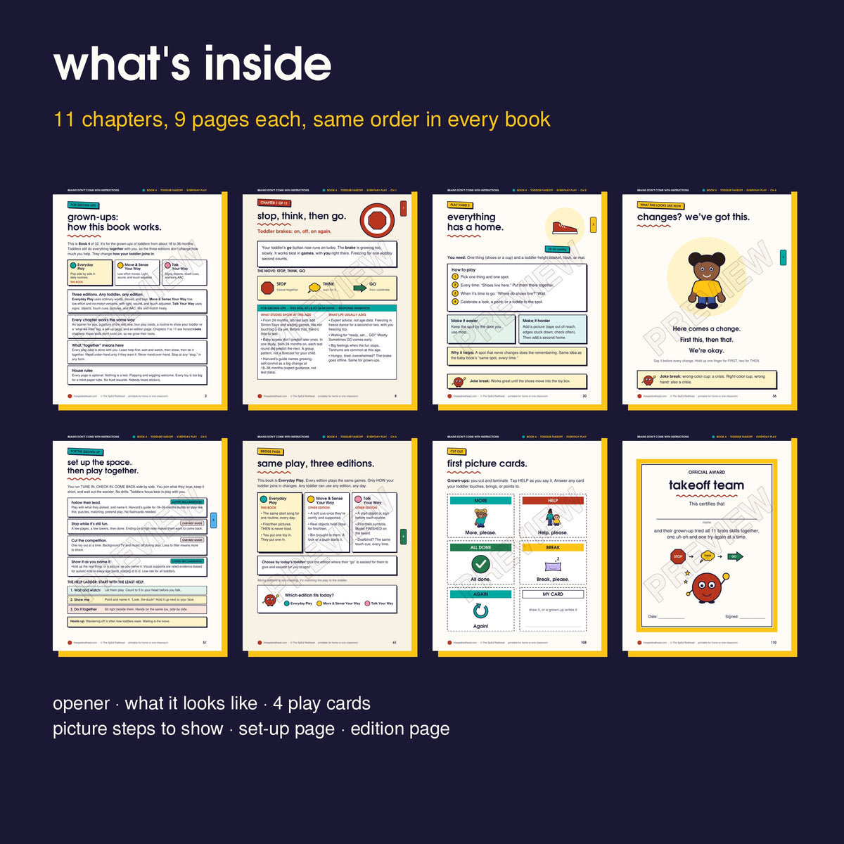 Inside pages in order: how it works, opener, play card, picture page, set-up page, edition page, picture cards, award