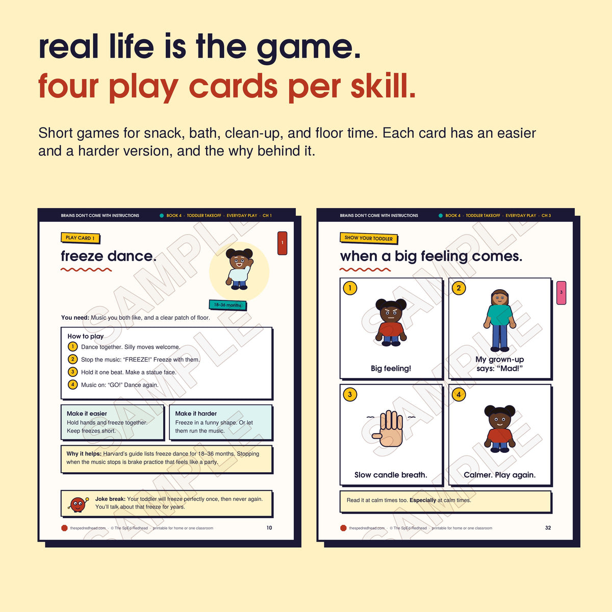Two sample pages: Play Card 1 with easier and harder versions, and a 4-picture sequence to show your toddler