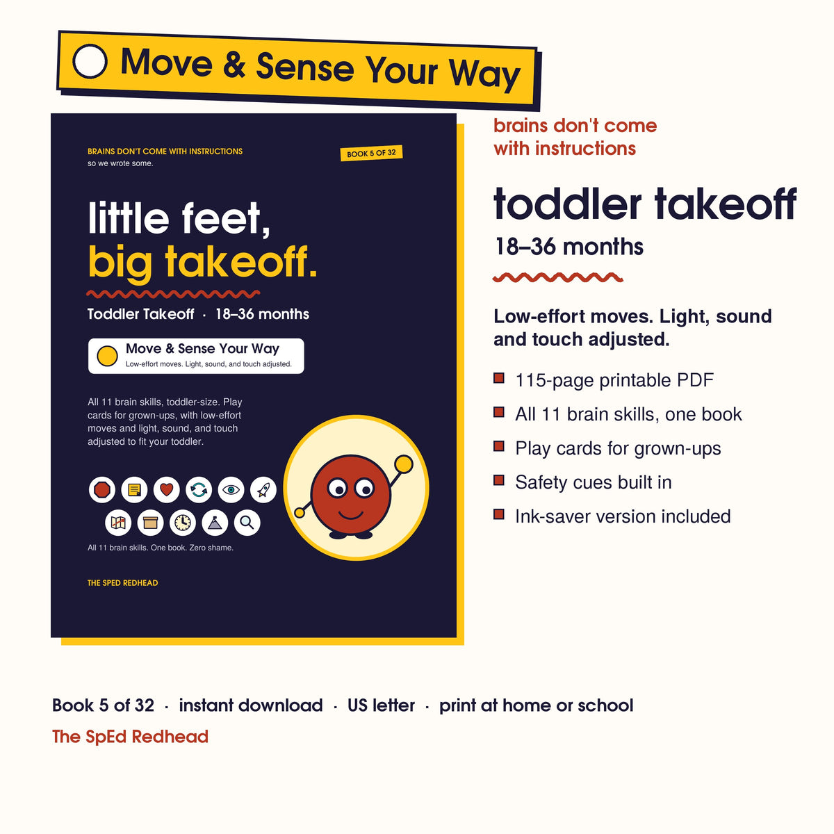 Book 5 of 32 cover, Toddler Takeoff, 18–36 months, with a yellow Move & Sense Your Way edition sticker and what's included