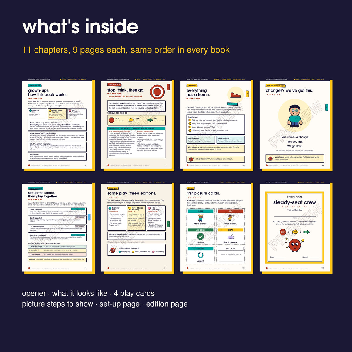 Inside pages in order: how it works, opener, play card, picture page, set-up page, edition page, picture cards, award
