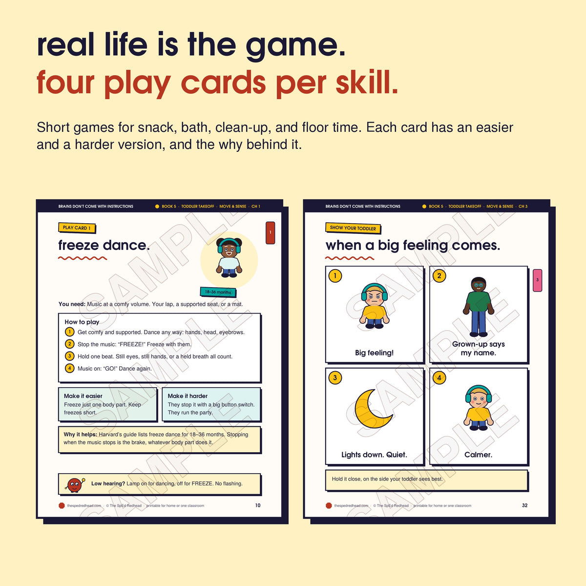 Two sample pages: Play Card 1 with easier and harder versions, and a 4-picture sequence to show your toddler