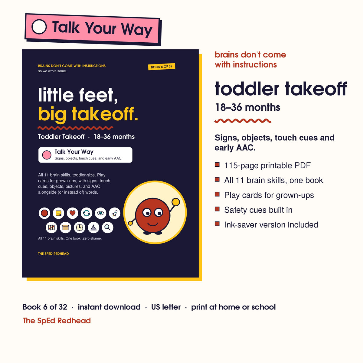 Book 6 of 32 cover, Toddler Takeoff, 18–36 months, with a pink Talk Your Way edition sticker and what's in the 115-page PDF