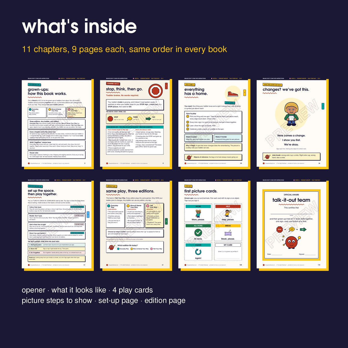 Inside pages in order: how it works, opener, play card, picture page, set-up page, edition page, picture cards, award