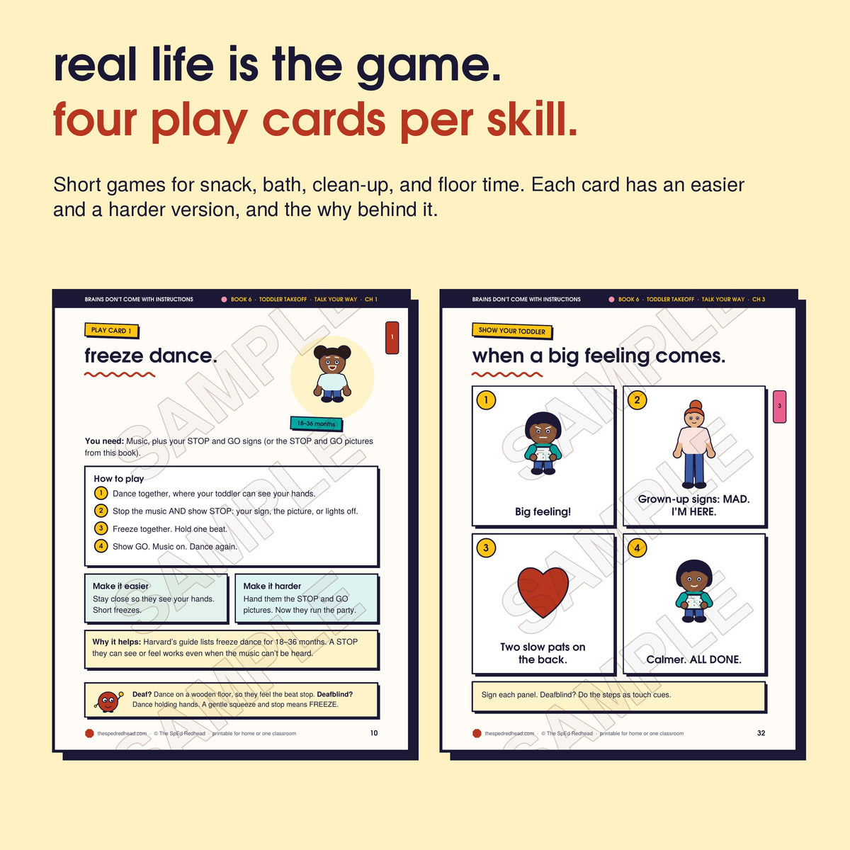 Two sample pages: Play Card 1 with easier and harder versions, and a 4-picture sequence to show your toddler