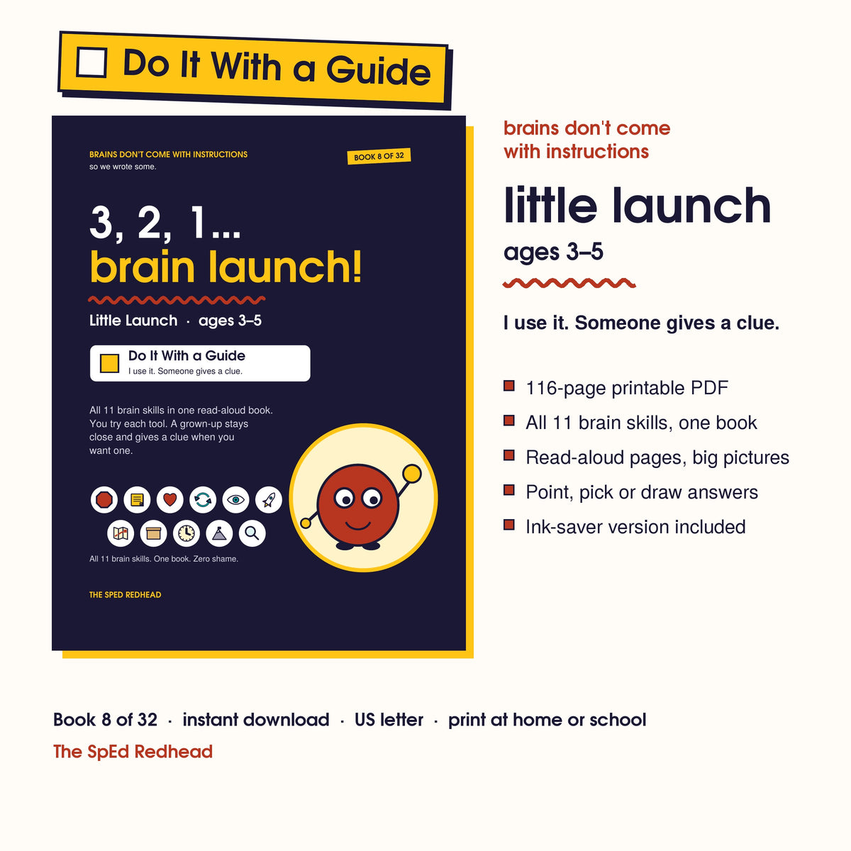 Book 8 of 32 cover, Little Launch, ages 3–5, with a yellow Do It With a Guide sticker and what's in the 116-page PDF
