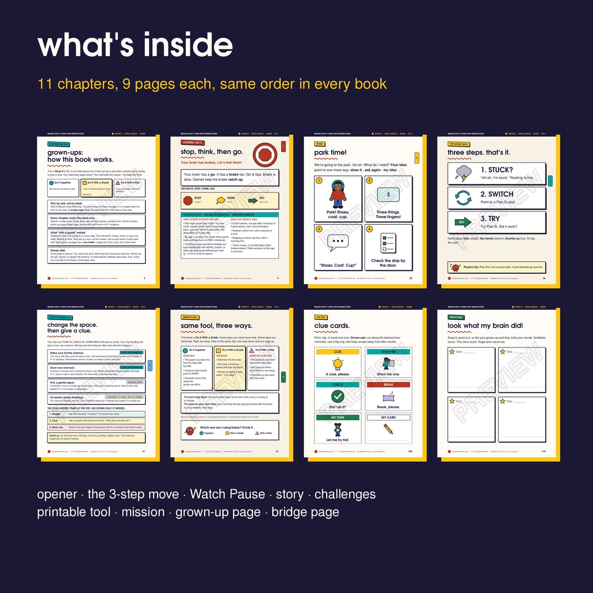 Inside pages in order: how it works, opener, story, 3-step move, grown-up page, bridge page, cut-outs, brag page