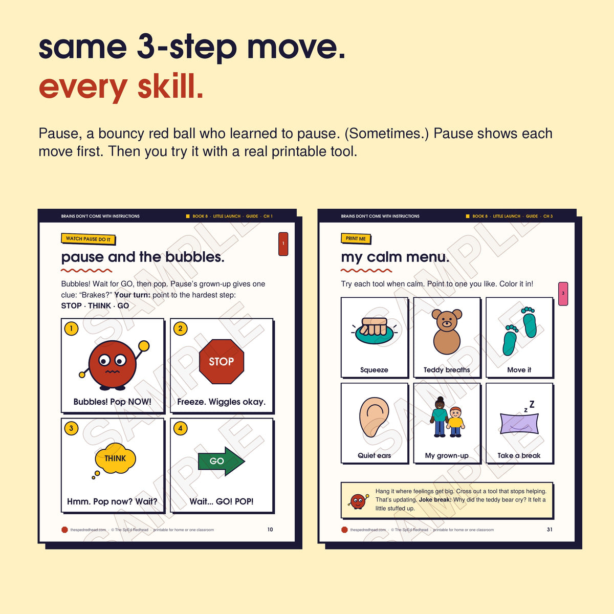 Two sample pages: Pause models Stop, Think, Go step by step, and the chapter 3 printable, "my calm menu"