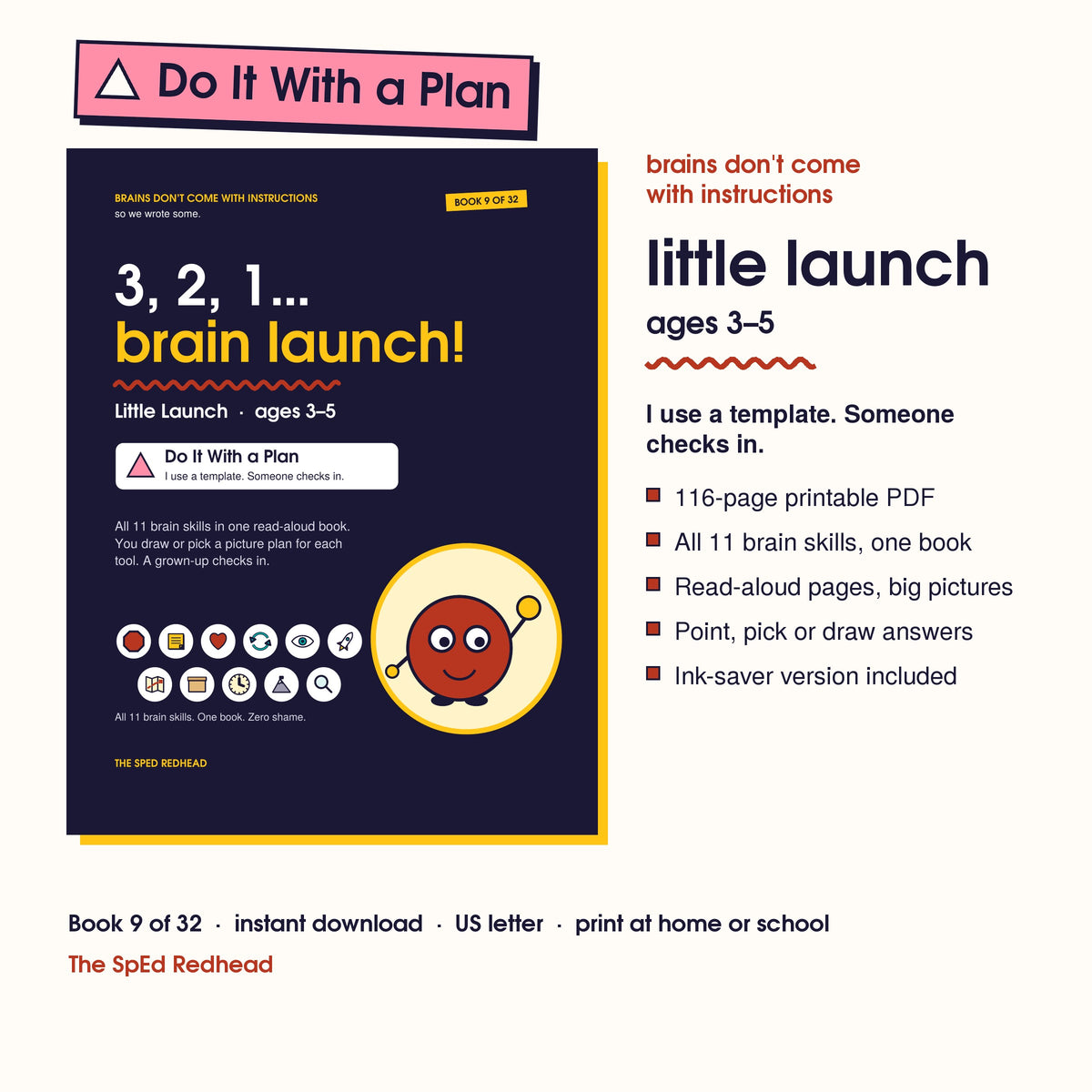 Book 9 of 32 cover, Little Launch, ages 3–5, with a pink Do It With a Plan sticker and what's in the 116-page PDF