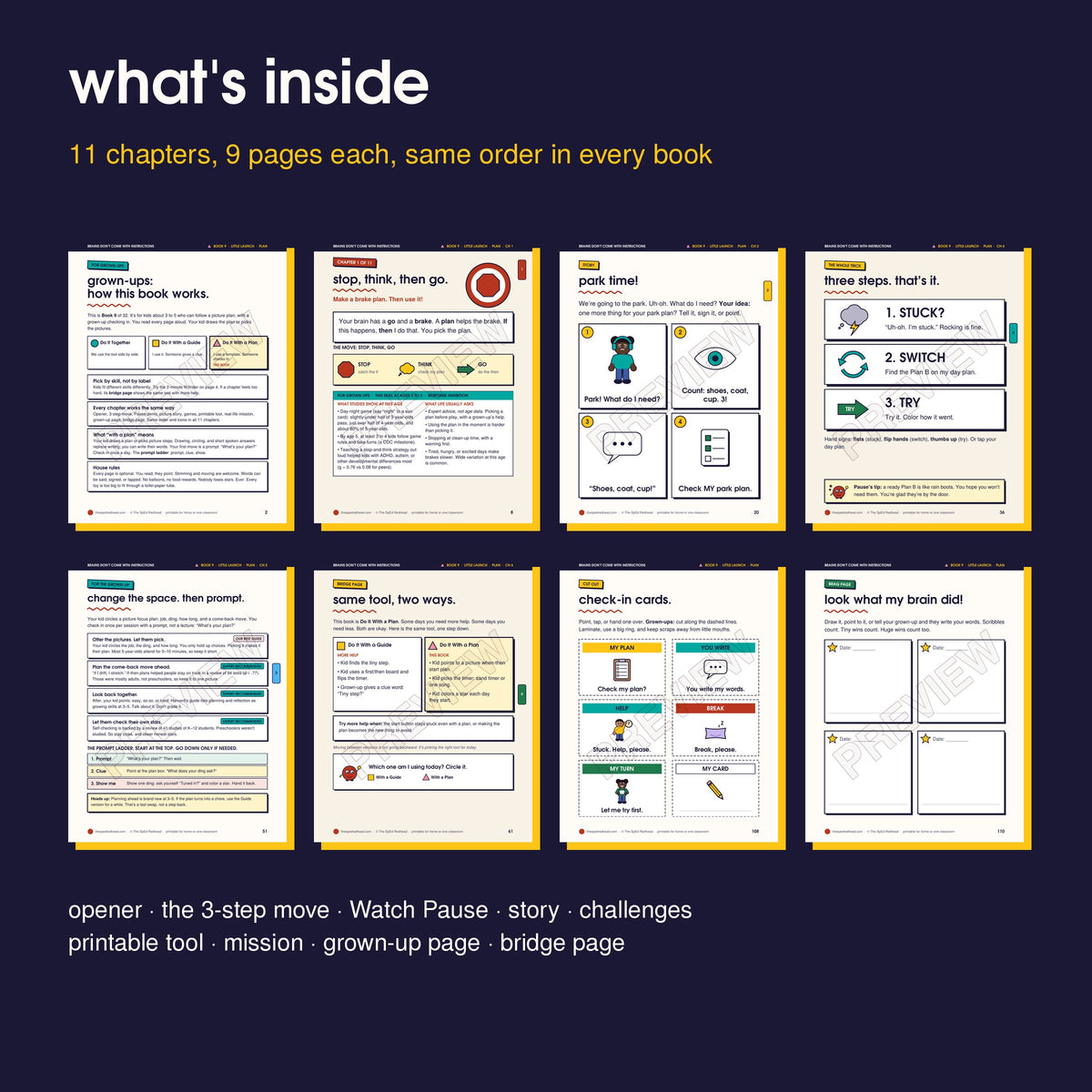 Inside pages in order: how it works, opener, story, 3-step move, grown-up page, bridge page, cut-outs, brag page