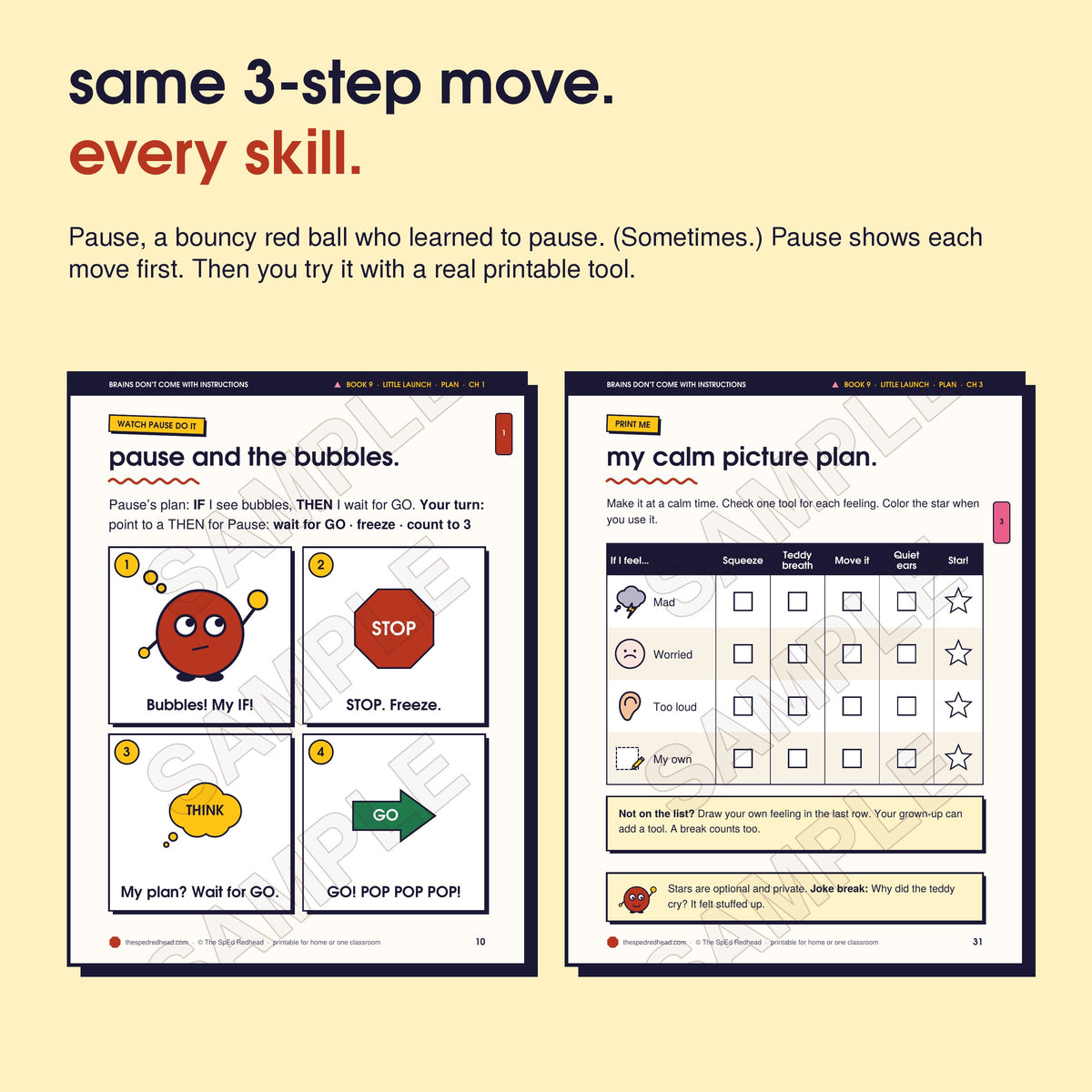 Two sample pages: Pause models Stop, Think, Go step by step, and the chapter 3 printable, "my calm picture plan"