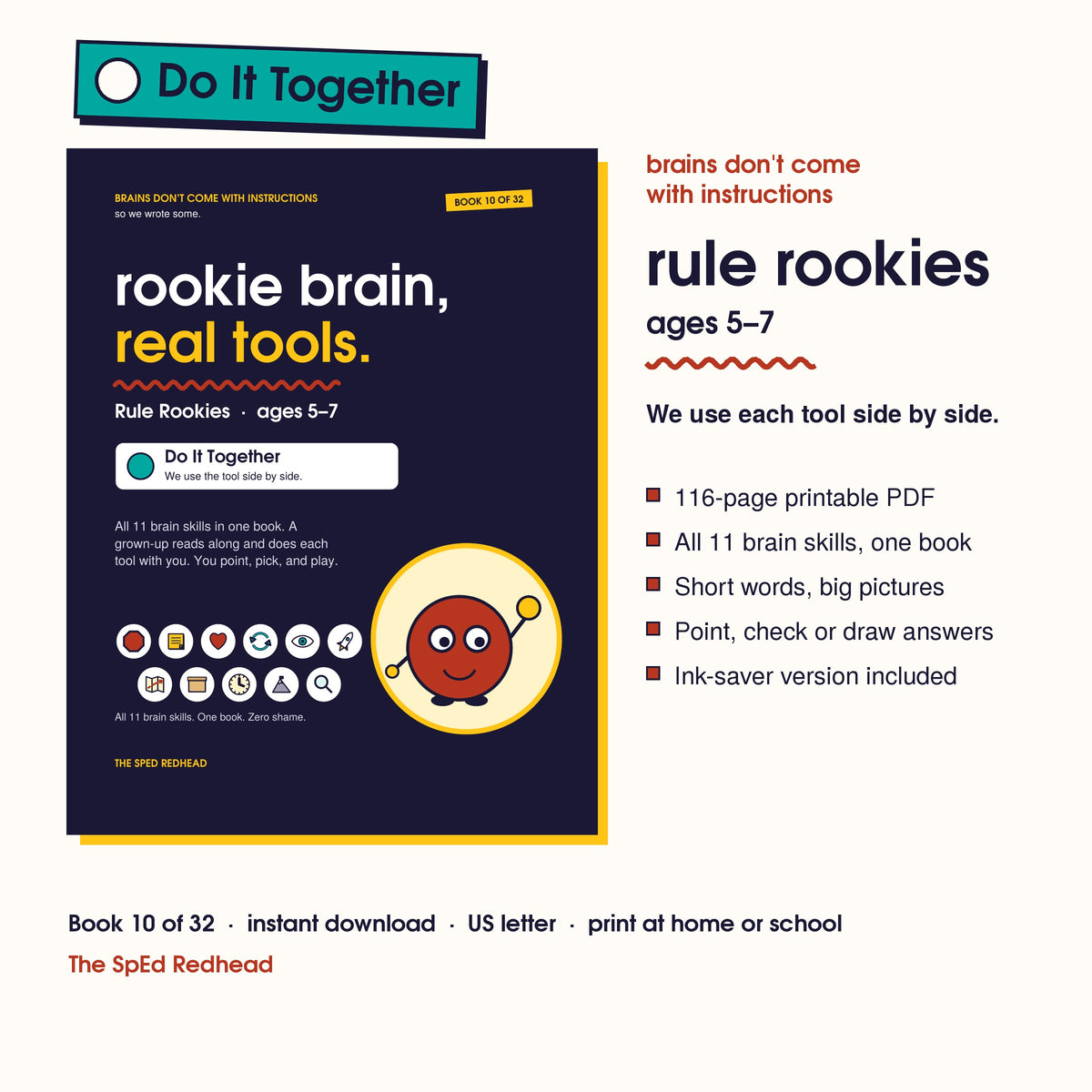 Book 10 of 32 cover, Rule Rookies, ages 5–7, with a teal Do It Together sticker and what's in the 116-page PDF