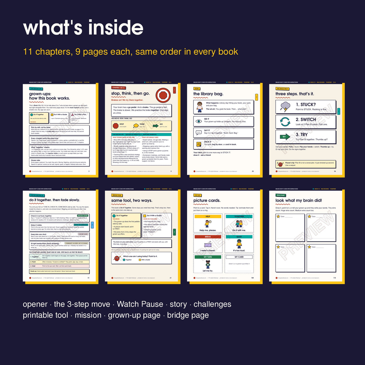 Inside pages in order: how it works, opener, story, 3-step move, grown-up page, bridge page, cut-outs, brag page