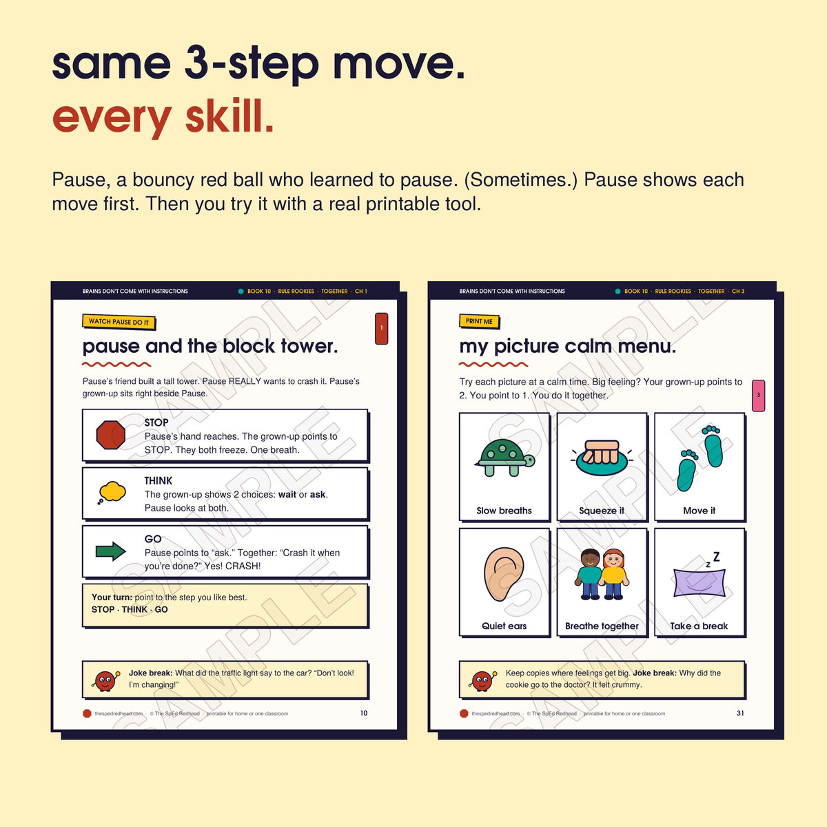 Two sample pages: Pause models Stop, Think, Go step by step, and the chapter 3 printable, "my picture calm menu"