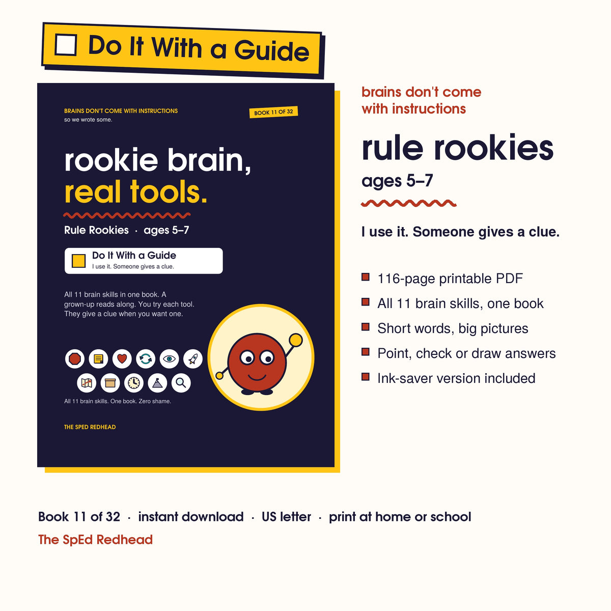 Book 11 of 32 cover, Rule Rookies, ages 5–7, with a yellow Do It With a Guide sticker and what's in the 116-page PDF