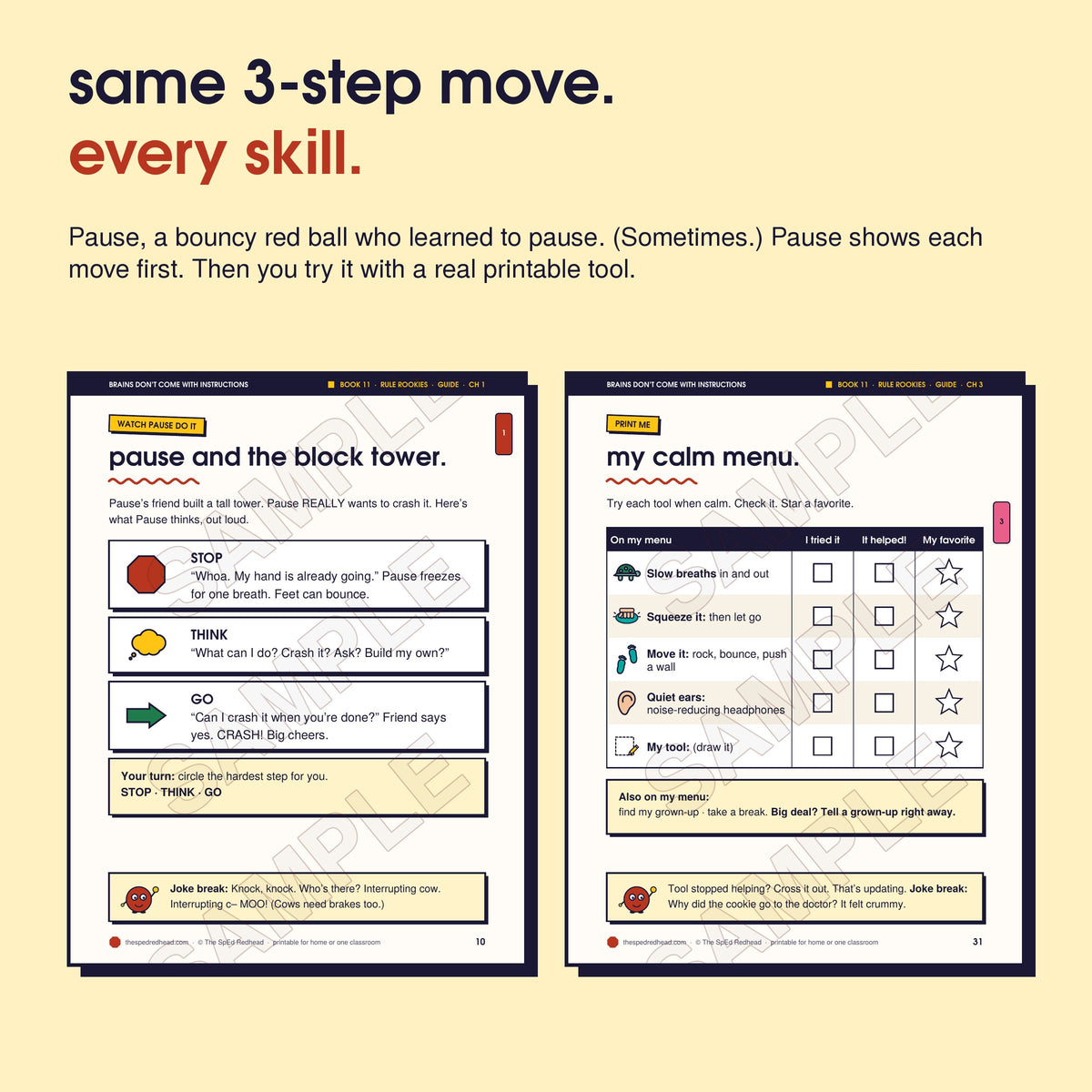 Two sample pages: Pause models Stop, Think, Go step by step, and the chapter 3 printable, "my calm menu"
