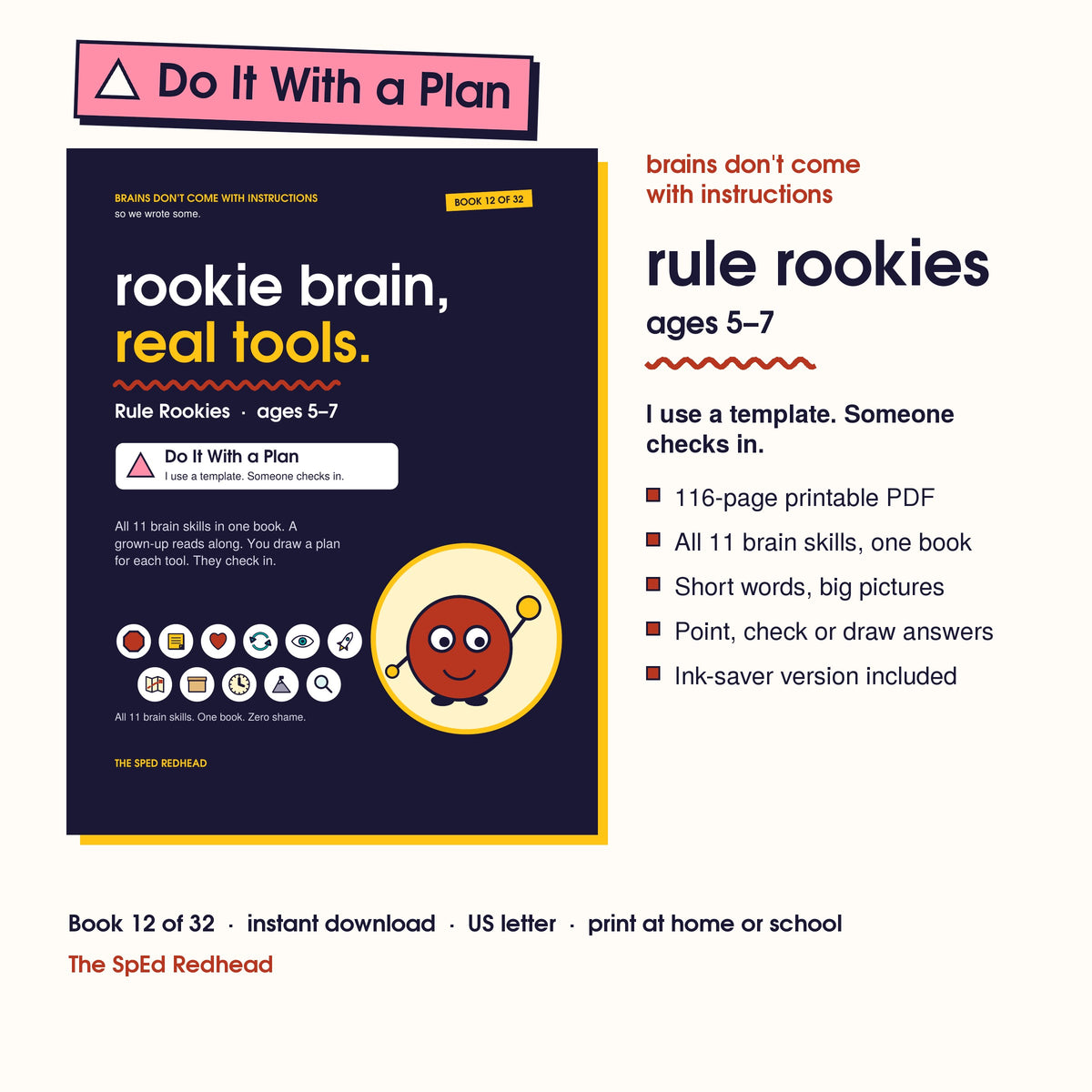 Book 12 of 32 cover, Rule Rookies, ages 5–7, with a pink Do It With a Plan sticker and what's in the 116-page PDF