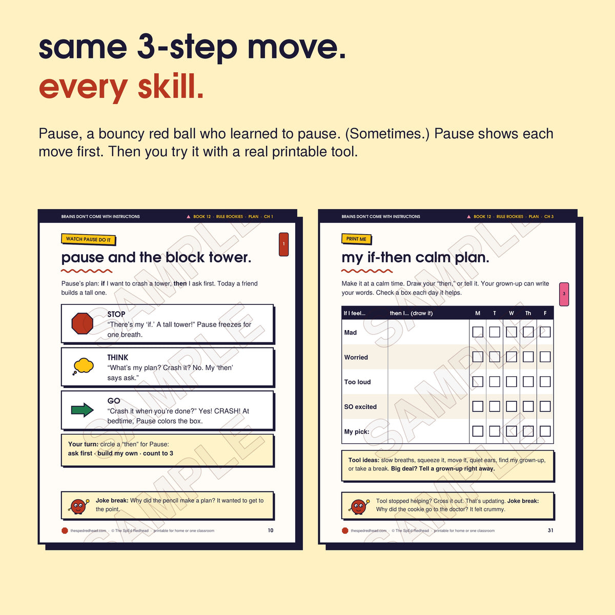 Two sample pages: Pause models Stop, Think, Go step by step, and the chapter 3 printable, "my if-then calm plan"