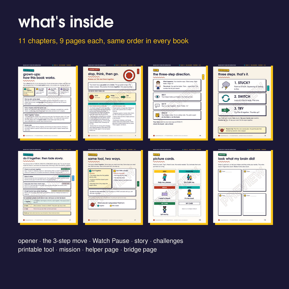 Inside pages in order: how it works, opener, story, 3-step move, helper page, bridge page, cut-outs, brag page