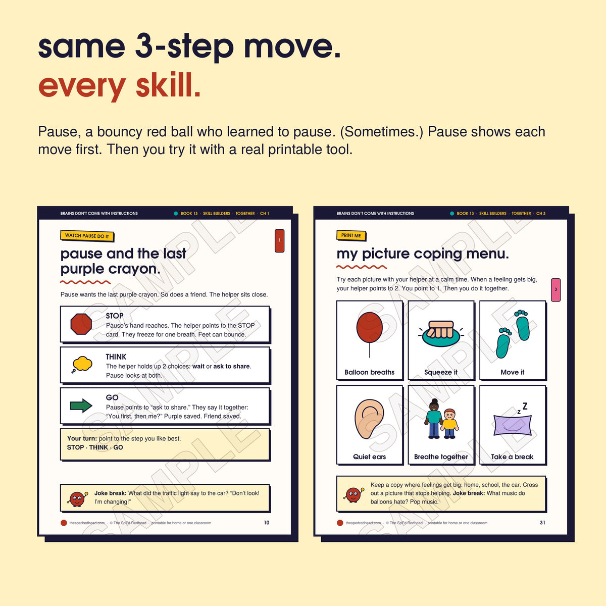 Two sample pages: Pause models Stop, Think, Go step by step, and the chapter 3 printable, "my picture coping menu"
